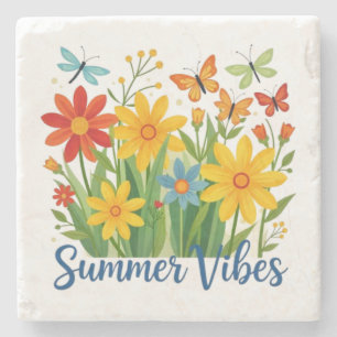 Porta-copo De Pedra Vibrações de Verão Floral com Borboletas