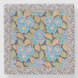 Porta-copo De Pedra Vincapervinca Azul Ornamentada Floral Clássico Art