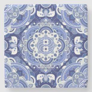 Porta-copo De Pedra Vintage azul geométrico, ornamento indiano.