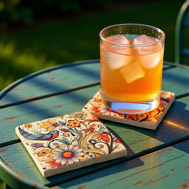 Porta-copo De Pedra Vintage Creme e Floral Laranja Bird Cottagecore  (Vintage Cream & Orange Floral Bird Cottagecore Stone Coaster)