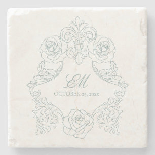 Porta-copo De Pedra Vintage Crest Monograma Dusty Blue WedLogo