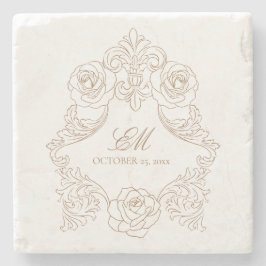 Porta-copo De Pedra Vintage Crest Monograma Ouro Brown WedLogo