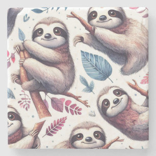 Porta-copo De Pedra Vintage Cute Sloth Seamless Watercolor