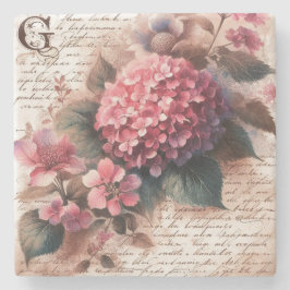 Porta-copo De Pedra Vintage Floral Hydrangea Script Letter