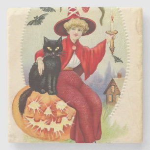 Porta-copo De Pedra Vintage Halloween Witness e Black Cat