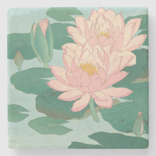 Porta-copo De Pedra Vintage japonês Fine Art: Lírios De Água Flores