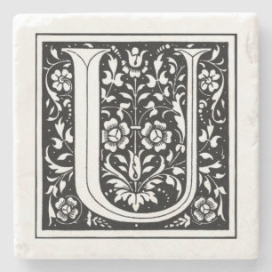 Porta-copo De Pedra Vintage Monograma Floral "U"