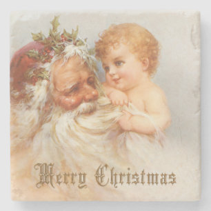Porta-copo De Pedra Vintage Papai Noel com criança de sorriso