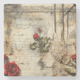 Porta-copo De Pedra Vintage - Pergaminho - Carta de Amor com Flores (1
