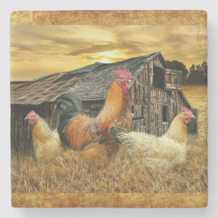 Porta-copo De Pedra Vintage Rooster Hens Russo Barn Coop