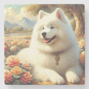 Porta-copo De Pedra Vintage Samoyed Dog Painting