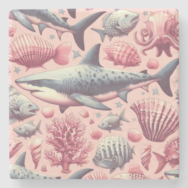 Porta-copo De Pedra Vintage Shark Seamless (Frente)