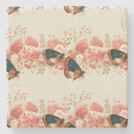 Porta-copo De Pedra Vintage Spring Pink Flowers with Butterflies
