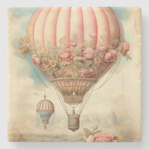Porta-copo De Pedra Vintage Steampunk Pink Floral Hot Air Balloon