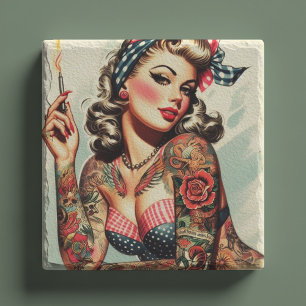 Porta-copo De Pedra Vintage Tattoo Old School Pin-up
