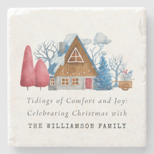 PORTA-COPO DE PEDRA VINTAGE WATERCOLOR CHRISTMAS HOUSE MARBLE