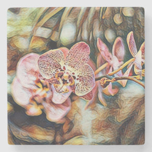 Porta-copo De Pedra Vintage Watercolor Painting of Pink Orchid Flowers