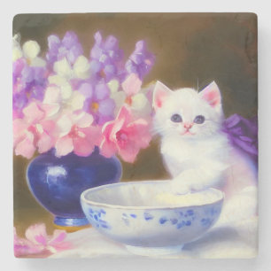 Porta-copo De Pedra Vintage White Kitten com Fita Roxa