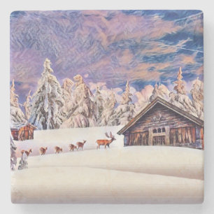 Porta-copo De Pedra Vintage Winter Scenerdeer Log Cabin Painting