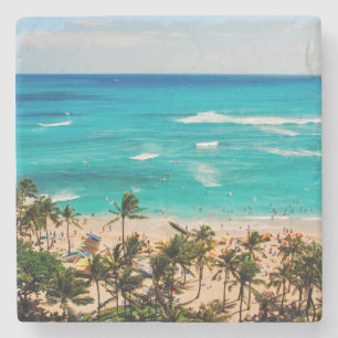 Porta-copo De Pedra Visão Elevada Da Cena De Praia De Waikiki, Honolu