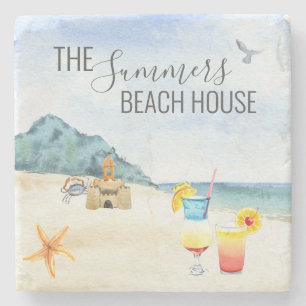 Porta-copo De Pedra Watercolor Beach House Cocktail Sea Personalizado