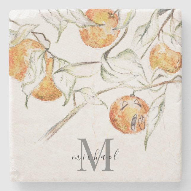 Porta-copo De Pedra Watercolor Citrus Fruta Clementine Cutie Monograma (Frente)