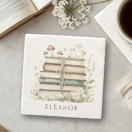 Porta-copo De Pedra Watercolor Floral Vintage Books Personalized