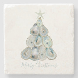 Porta-copo De Pedra Watercolor Oyster Christmas Tree
