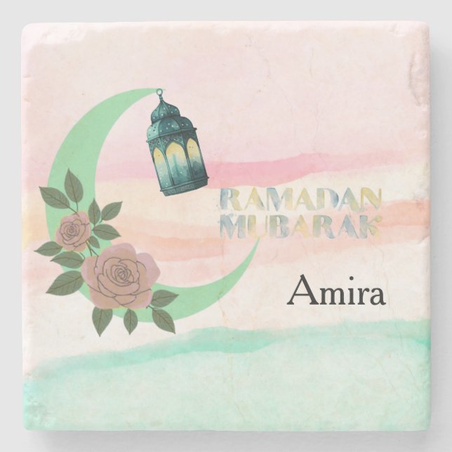 Porta-copo De Pedra Watercolor Ramadan – Crescent Moon  (Frente)