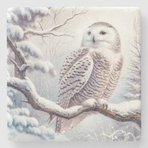 Porta-copo De Pedra Watercolor Snowy Owl