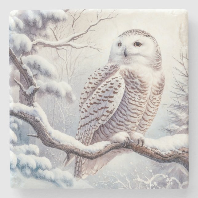 Porta-copo De Pedra Watercolor Snowy Owl (Frente)