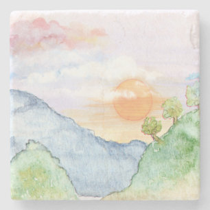 Porta-copo De Pedra Watercolor Sunset sobre Montanhas e Árvores 