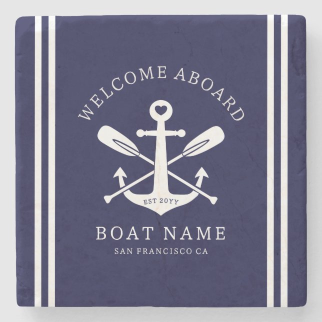 Porta-copo De Pedra Welcome Aboard Boat Name Nautical Anchor | Blue (Frente)