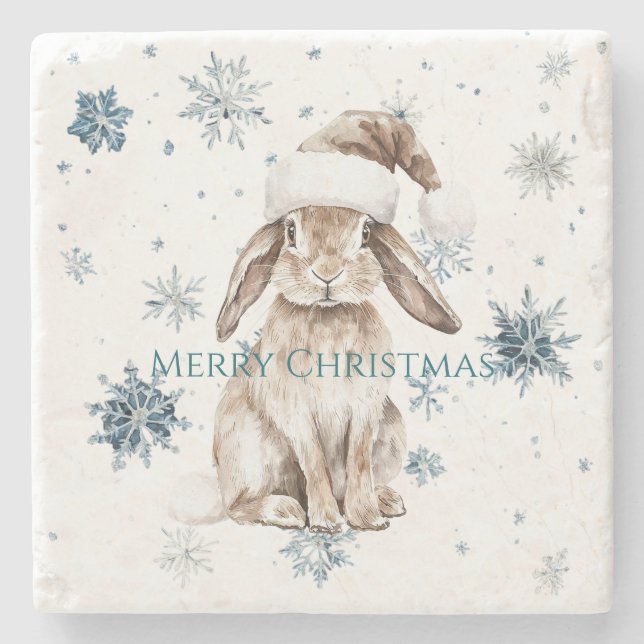 Porta-copo De Pedra White Blue Snowflakes Christmas Bunny (Frente)