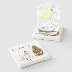 Porta-copo De Pedra White Poodle Engraçado Cachorro de Natal com Árvor