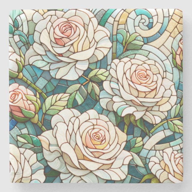 Porta-copo De Pedra White Roses Stained Glass Mosaic (Frente)