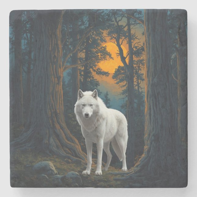 Porta-copo De Pedra Wild White Wolf Under Moonlight Forest Animal (Frente)