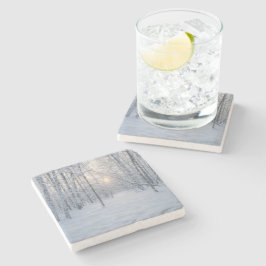 Porta-copo De Pedra Winter Sunlight in Quiet Birch Forest