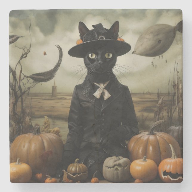 Porta-copo De Pedra Witch Cat with Pumpkins  (Frente)