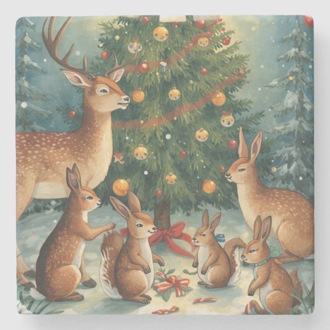 Porta-copo De Pedra Woodland Animal Christmas Scene (Frente)