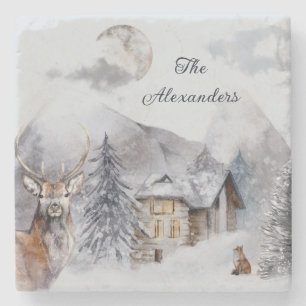 Porta-copo De Pedra Woodland Winter Watercolor Family Name Monogramed