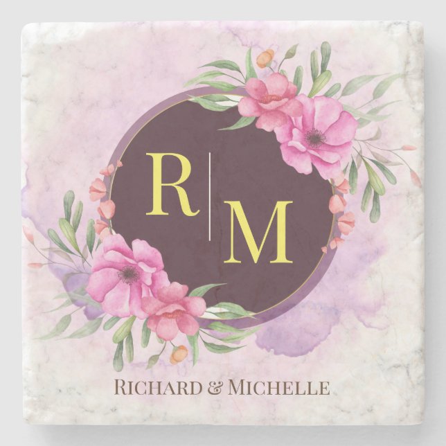 Porta-copo De Pedra Wreath Floral - Letra inicial Monograma - Nome Mar (Frente)