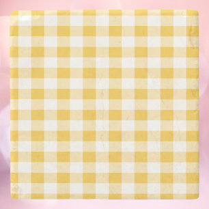 Porta-copo De Pedra Xadrez Gingham Padrão Amarelo e Branco