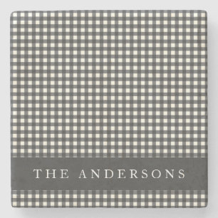 Porta-copo De Pedra Xadrez Vintage Black and White Gingham Personaliza