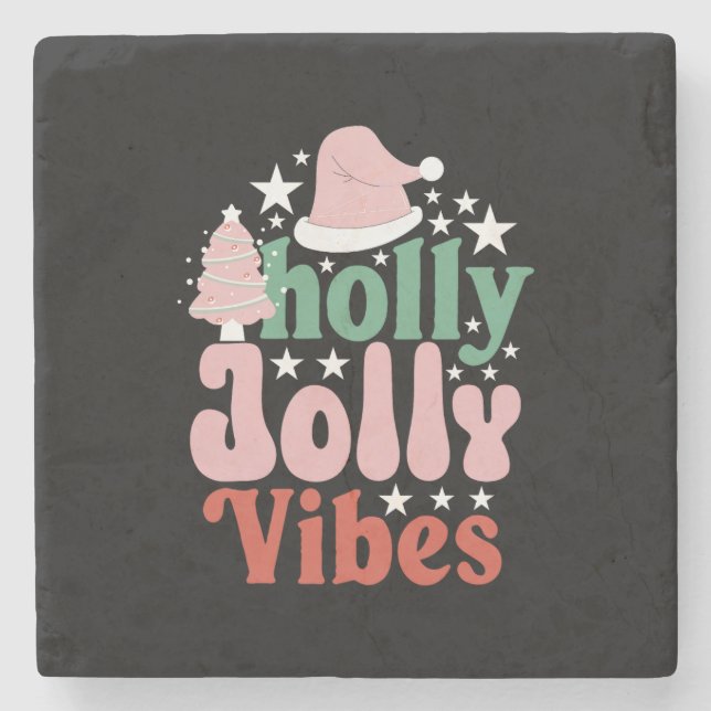 Porta-copo De Pedra Xmas Gift Holly Jolly Vibes (Frente)