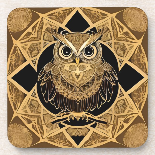 Porta-copo Desenho de Mandala de Coruja Decorativa Dourada (Frente)