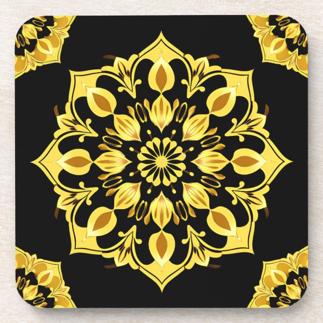 Porta-copo Desenho de Mandala Dourada Com Padrões Simétricos (Frente)