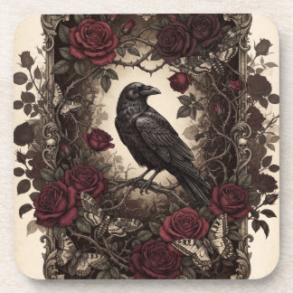 Porta-copo Desenho de Moldura Vintage com Corvo Gótico e Rosa