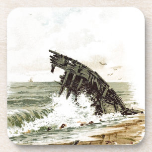 Porta-copo Desenho do vintage: Shipwreck na praia