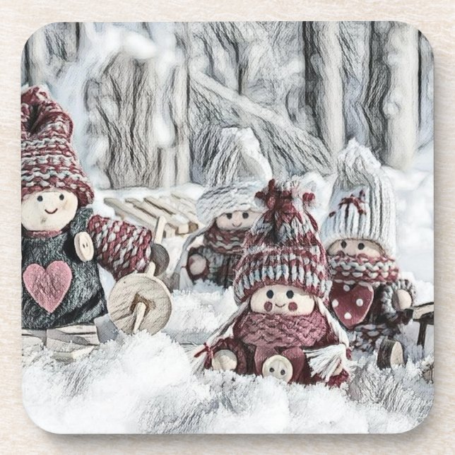 Porta-copo Desenho Vintage de Gnomos na Neve (Frente)